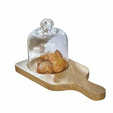 LOBERON Brett mit Glashaube Vianelle, formschöne Servierplatte, mundgeblasene Glocke, Tischdekoration, Tischaccessoire, Mangoholz, Glas, braun/klar im Sale